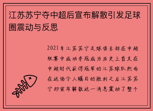 江苏苏宁夺中超后宣布解散引发足球圈震动与反思 江苏苏宁夺中超后宣布解散引发足球圈震动与反思